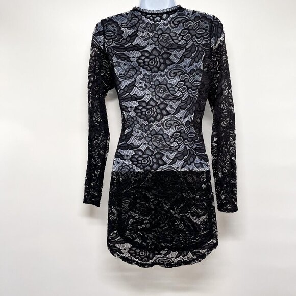 Sheer Black Floral Lace High Neck Long Sleeve Tunic Top Shirt Bodycon Fitted - Picture 3 of 9